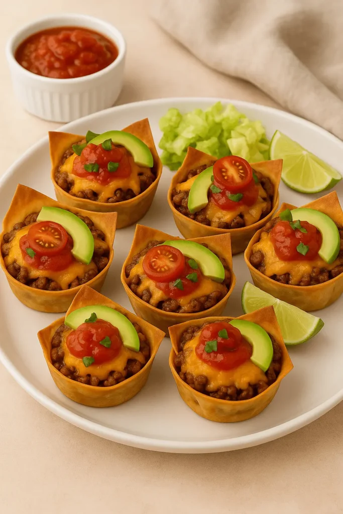 Taco cupcakes served on a white plate, topped with cheese, salsa, avocado slices, and cherry tomatoes.