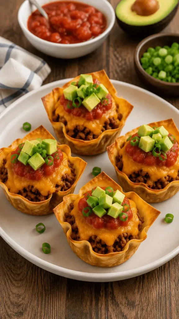 Taco cupcakes in crisp golden wonton cups filled with seasoned beef, melted cheese, salsa, avocado, and chopped green onions.