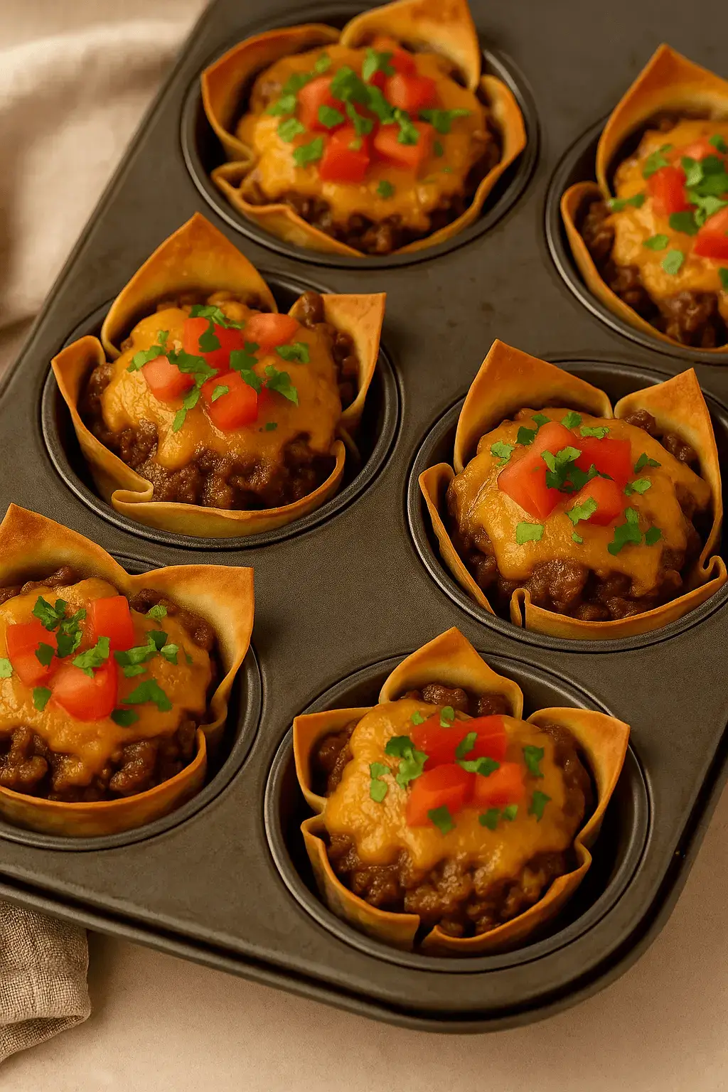 Freshly baked taco cupcakes in a muffin tin, filled with ground beef, melted cheddar, diced tomatoes, and chopped herbs.