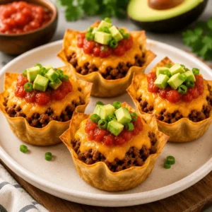 Four taco cupcakes in crispy wonton cups filled with seasoned beef, melted cheese, salsa, avocado, and green onions.