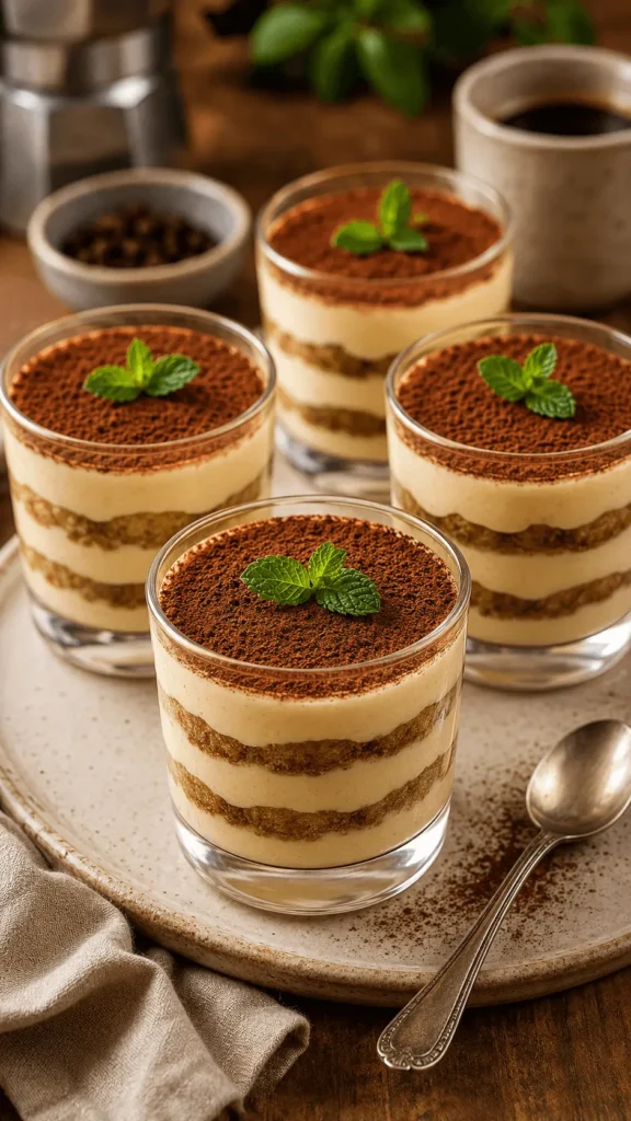Tiramisu cups layered with creamy filling and coffee-soaked cake, topped with cocoa powder and fresh mint.