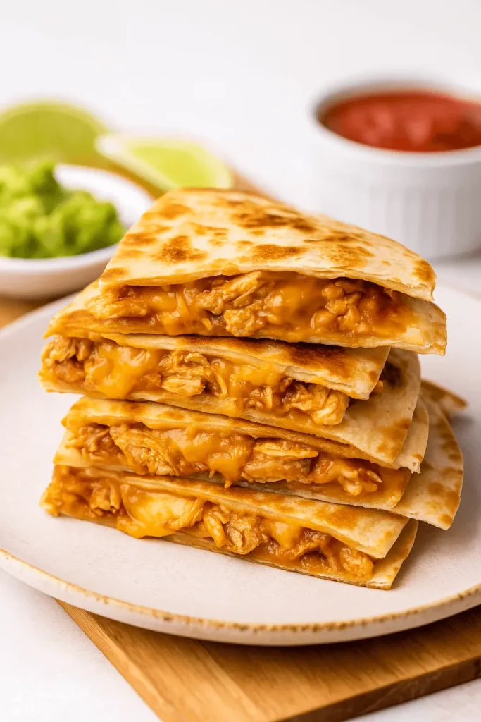 Close-up of a chicken quesadilla recipe stacked with melty cheese and tender chicken on a plate with salsa and guacamole.