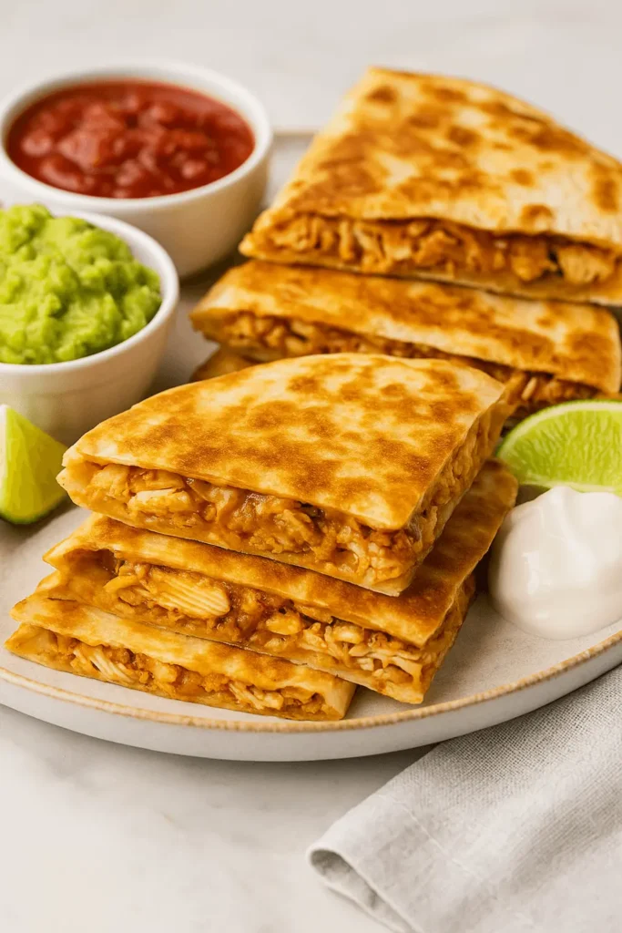 Plated chicken quesadilla recipe with crispy tortillas, served alongside guacamole, salsa, lime, and sour cream.