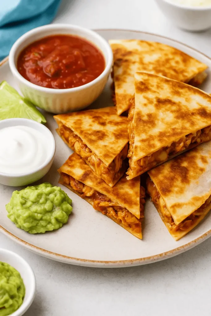 Chicken quesadilla recipe served with salsa, guacamole, sour cream, and lime on a plate.