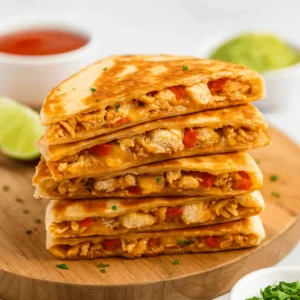 Stacked chicken quesadilla wedges with melted cheese and red peppers on a wooden board, served with salsa and guacamole – perfect presentation for a chicken quesadilla recipe.