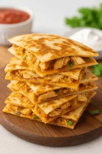 Stack of folded tortillas filled with cheesy chicken for a homemade chicken quesadilla recipe.