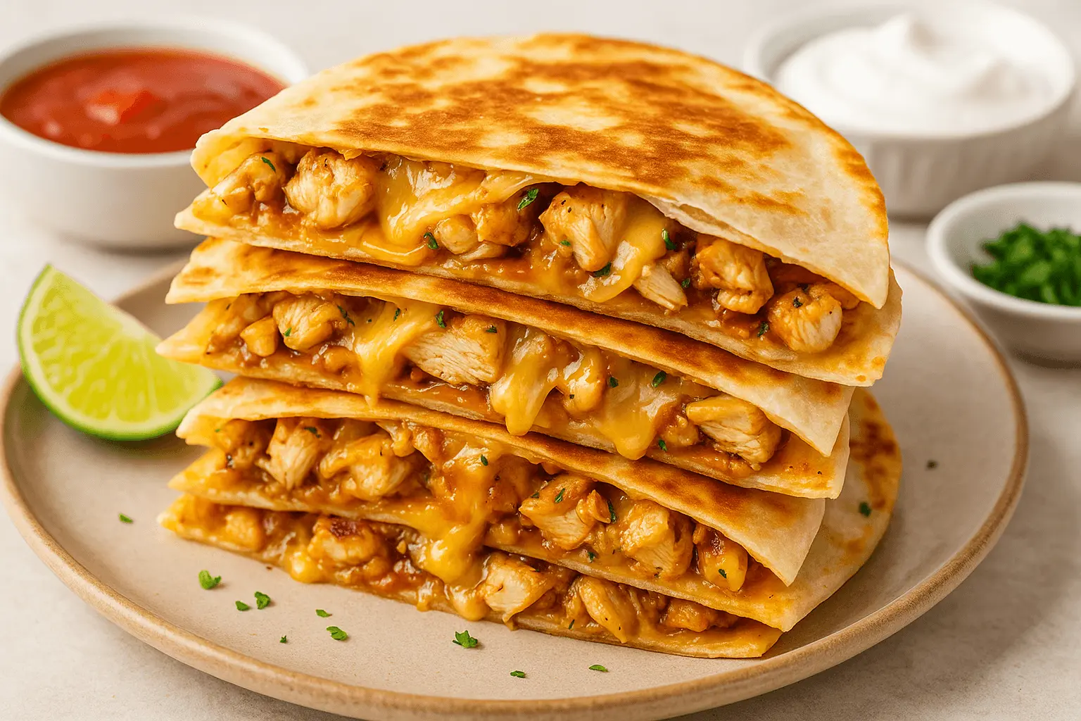 Stacked chicken quesadilla slices on a plate with melted cheese, served with salsa and sour cream – chicken quesadilla recipe.