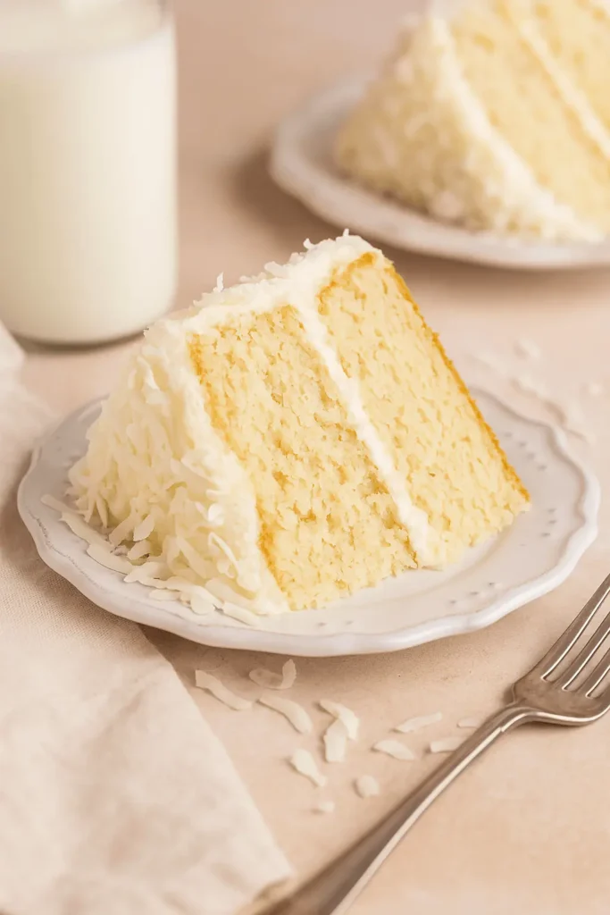 A slice of coconut cake with creamy frosting and shredded coconut on a white plate, served with a glass of milk