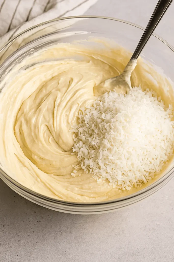 Mixing shredded coconut into cake batter for a homemade coconut cake in a glass bowl with a metal spoon