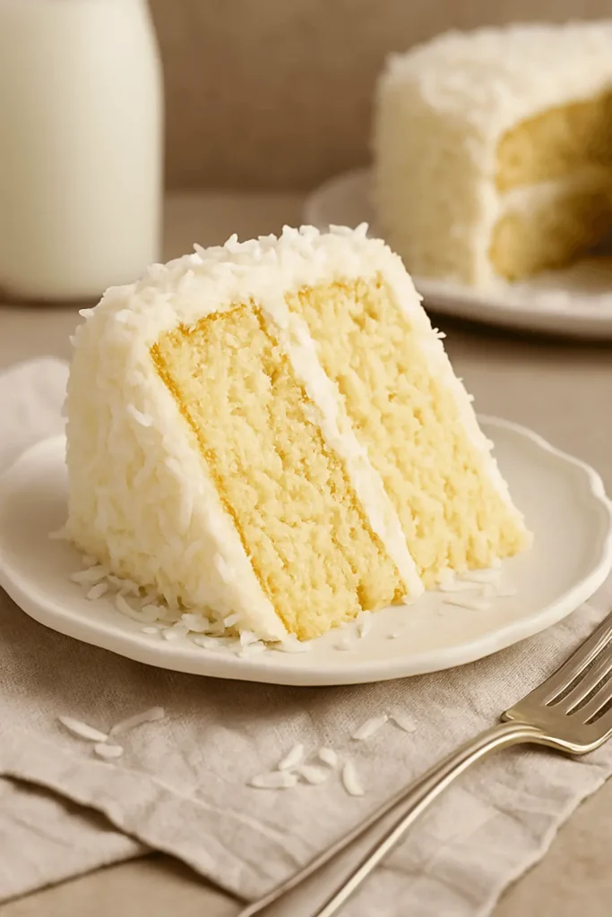 A slice of coconut cake with creamy frosting and shredded coconut served on a white plate with a fork beside it