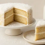 A slice of homemade coconut cake with creamy frosting and shredded coconut on a plate beside the full layered coconut cake