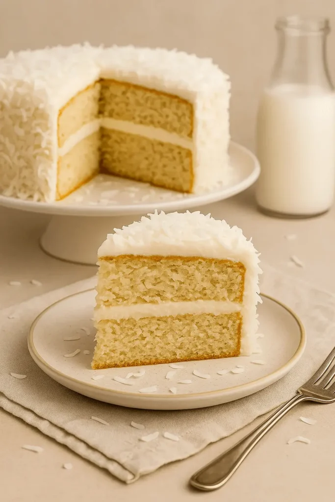 Slice of homemade coconut cake on a plate with the full coconut cake in the background
