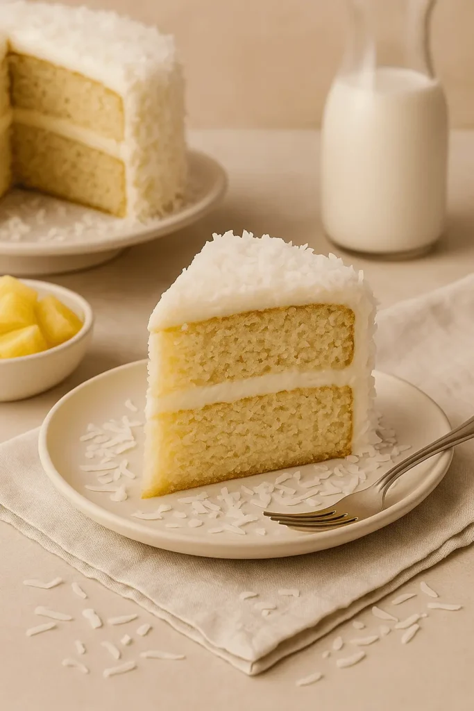 Slice of coconut cake with creamy frosting and shredded coconut, served with pineapple and milk