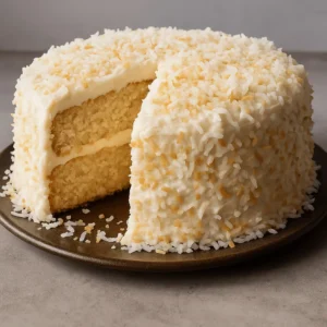 Whole coconut cake with creamy frosting and toasted shredded coconut on a brown plate, with one slice removed