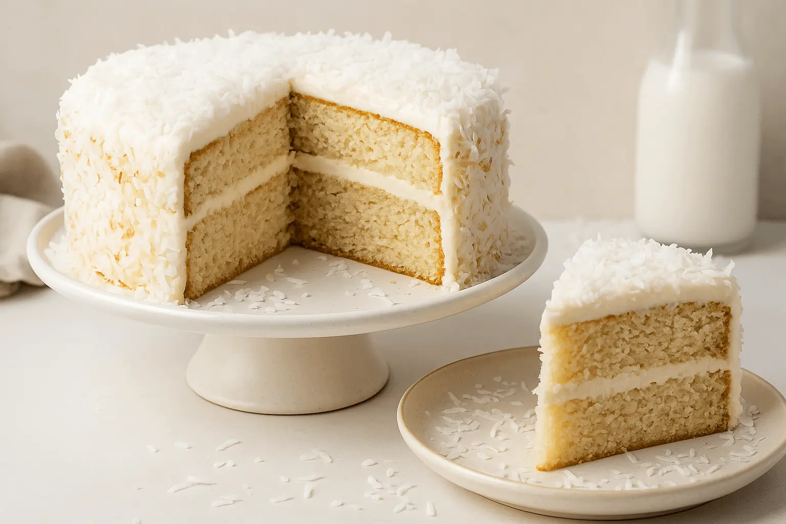A slice of homemade coconut cake with creamy frosting and shredded coconut on a plate beside the full layered coconut cake