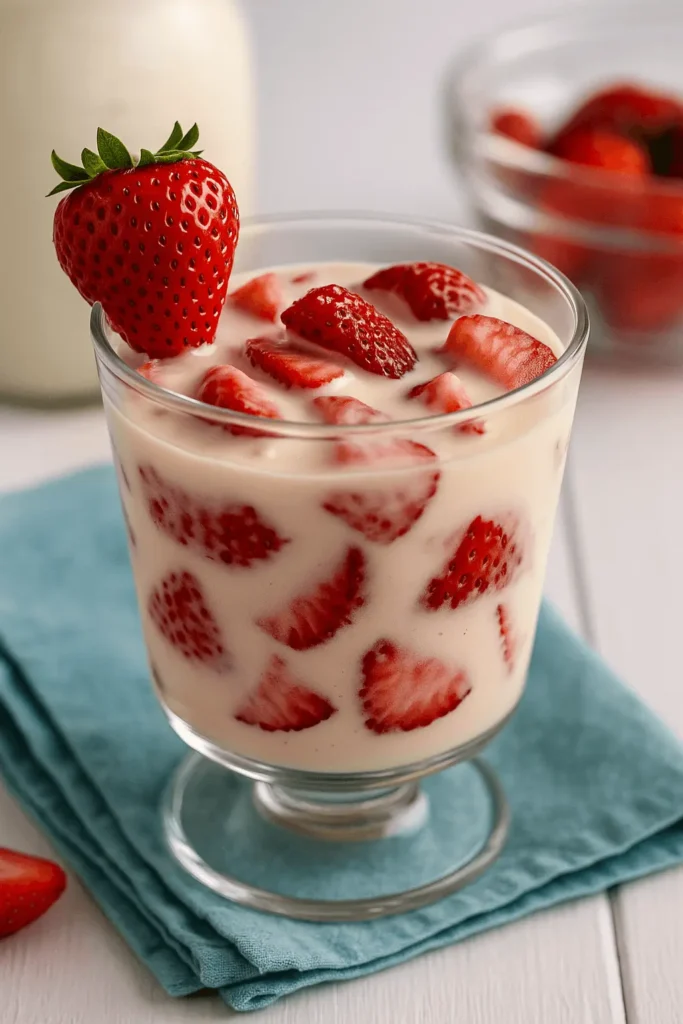 Glass of fresas con crema recipe served with sliced strawberries in creamy blend