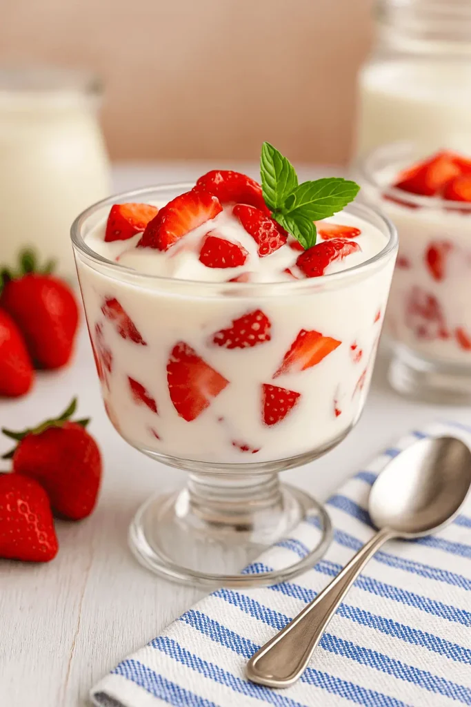 Glass dessert cup filled with fresas con crema recipe, topped with strawberries and mint