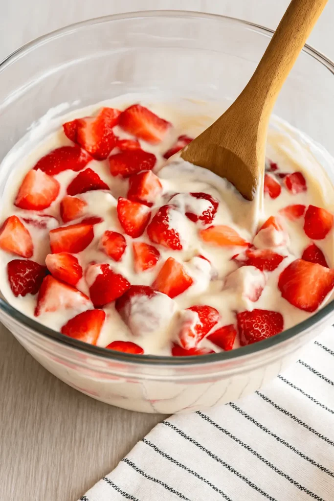 Mixing bowl with strawberries and cream being stirred for fresas con crema recipe