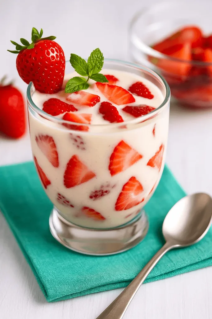 Fresas con crema recipe served in a glass with fresh strawberries and a mint garnish