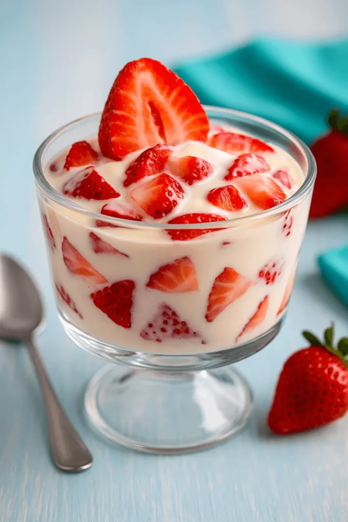 Glass dessert cup filled with fresh strawberries and creamy sweet mixture, illustrating a classic fresas con crema recipe.