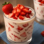 Glass cup filled with creamy dessert and fresh strawberries for a fresas con crema recipe