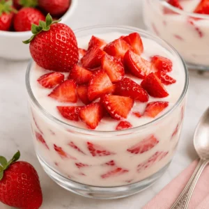Fresas con crema in a clear glass bowl with sliced strawberries, a whole strawberry, and a smooth cream mixture.