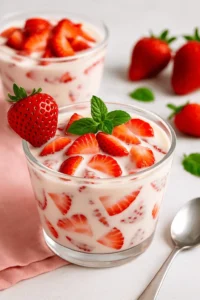 Fresas con crema recipe in a clear glass topped with sliced strawberries and mint