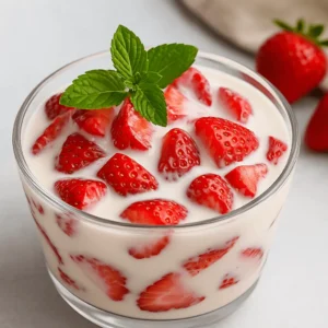 Glass bowl filled with fresas con crema recipe, topped with fresh strawberries and mint leaves