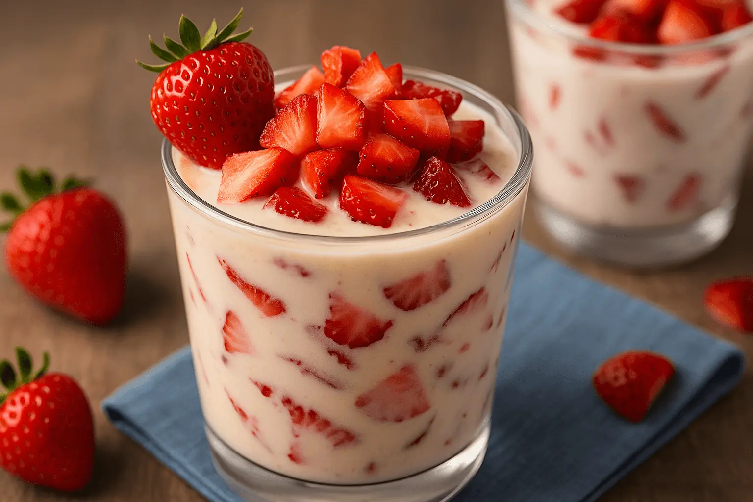 Glass cup filled with creamy dessert and fresh strawberries for a fresas con crema recipe
