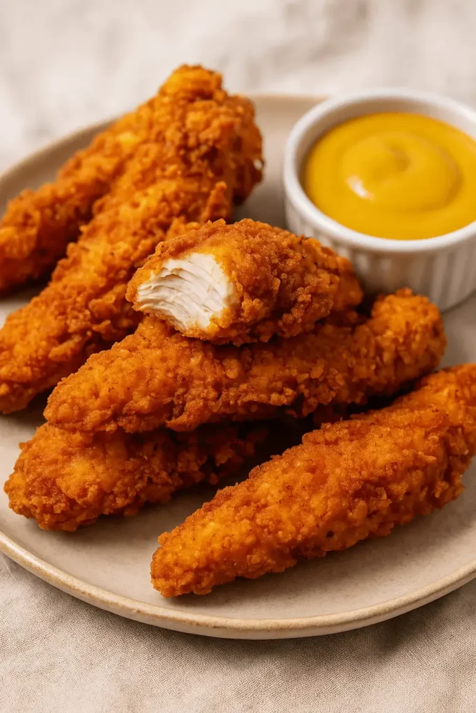 A plate of crispy tenders with mustard dip from a fried chicken tenders recipe