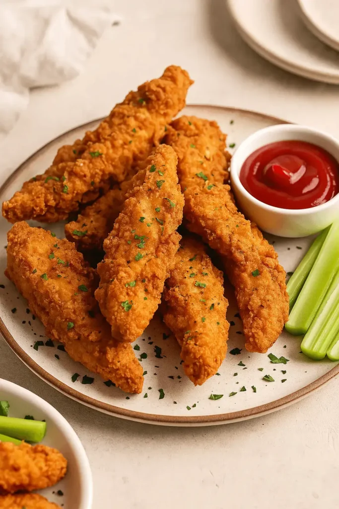 Plate of crispy tenders served with ketchup and celery from a fried chicken tenders recipe