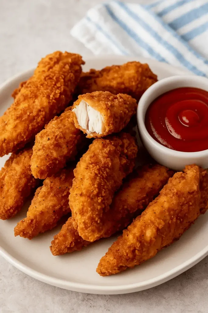 Fried chicken tenders recipe featuring golden tenders and a side of ketchup on a white plate
