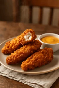Steaming hot fried chicken tenders recipe served with mustard dipping sauce on a ceramic plate