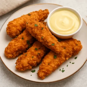 Fried chicken tenders recipe served with honey mustard sauce on a ceramic plate