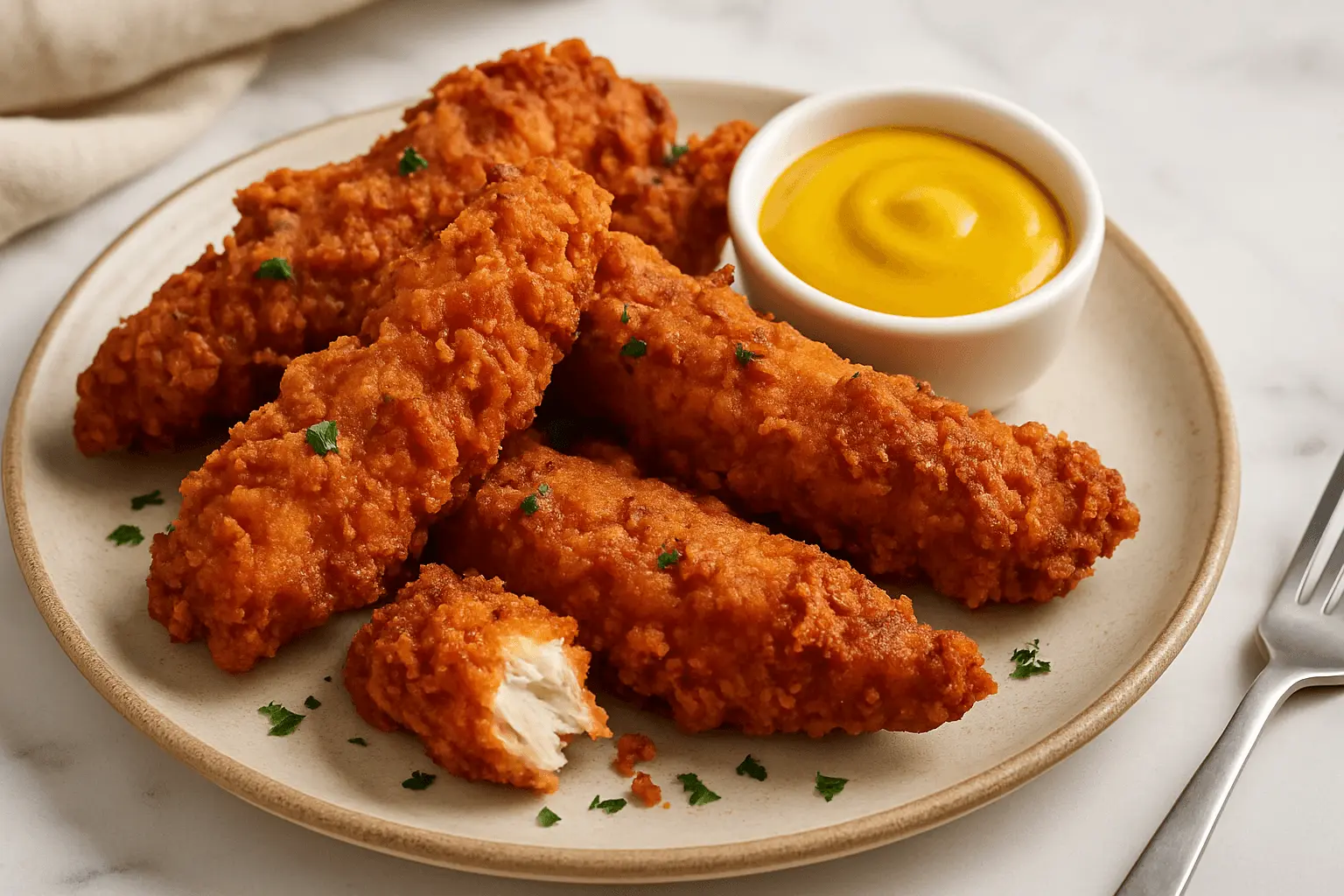 Crispy golden tenders served with mustard dip — perfect for your fried chicken tenders recipe