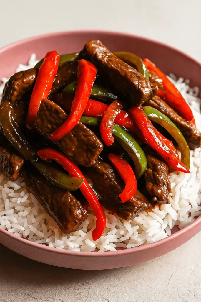 Close-up of pepper steak recipe with tender beef strips, red and green bell peppers, served over white rice in a pink bowl.