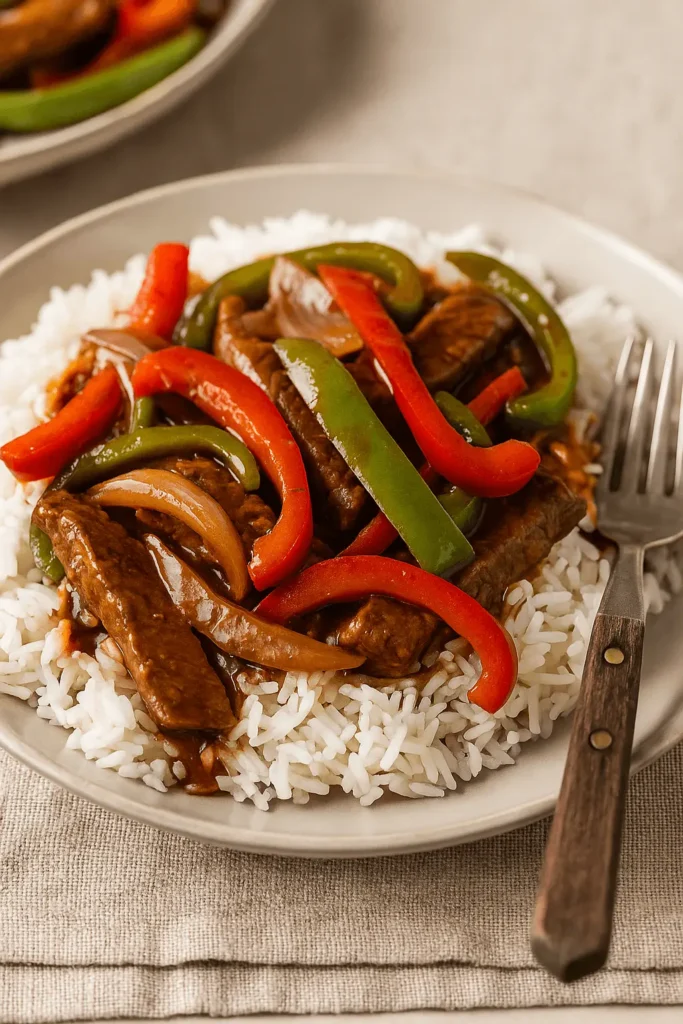 Plate of pepper steak recipe with tender beef, red and green bell peppers, and white rice on a beige napkin.
