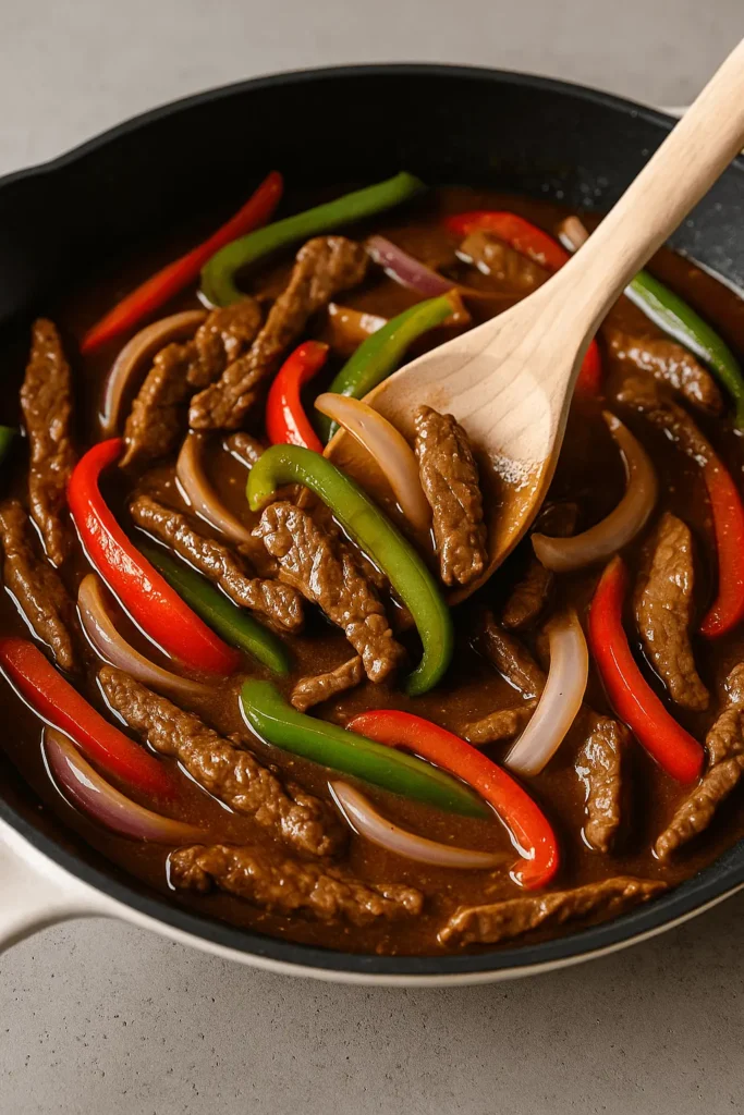 Cooking pepper steak recipe in a skillet with sliced beef, red and green bell peppers, onions, and savory sauce stirred with a wooden spoon.