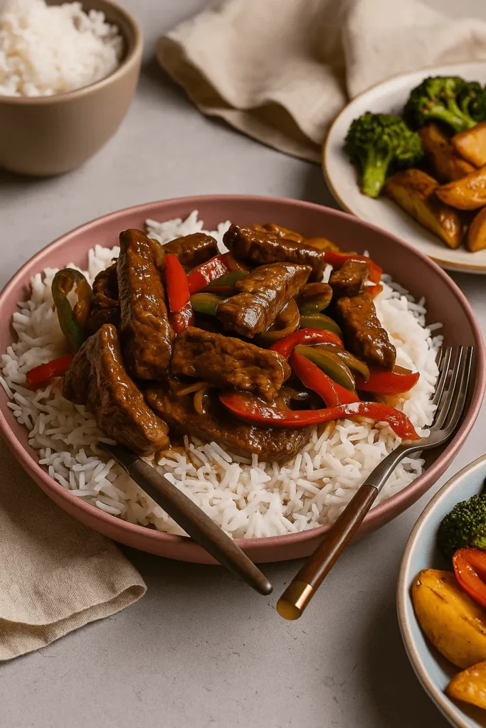 Serving of pepper steak recipe over white rice with sautéed bell peppers, surrounded by side dishes like broccoli and roasted potatoes.