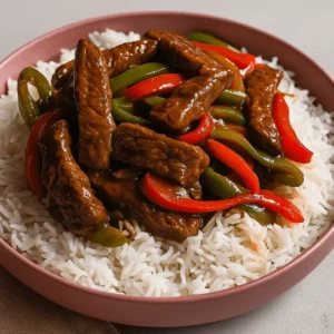 Close-up of pepper steak recipe with beef strips and bell peppers served over rice in a pink bowl.