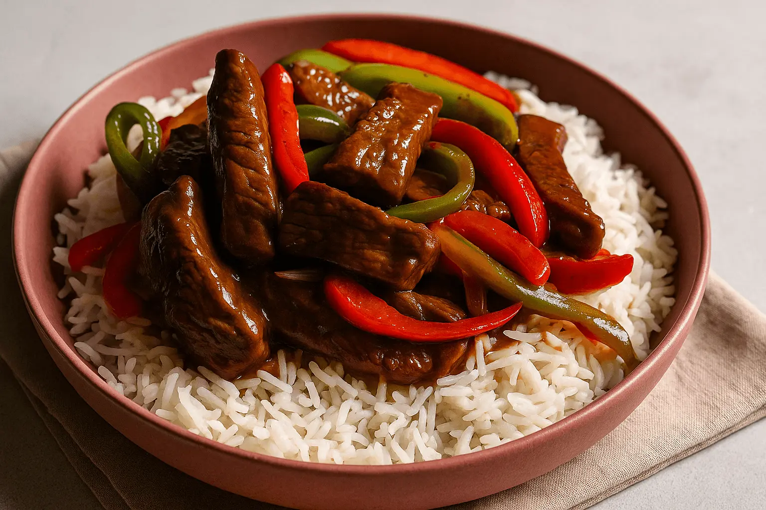 A bowl of pepper steak recipe served over fluffy white rice with colorful bell peppers and a glossy brown sauce.