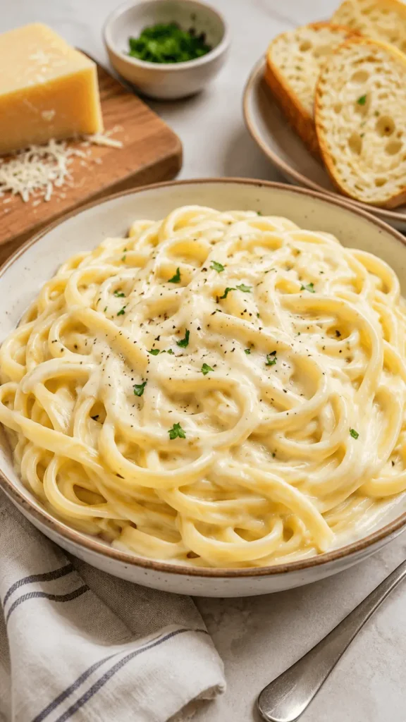 Alfredo sauce recipe served over fettuccine with creamy sauce, black pepper, parsley, grated cheese, and sliced bread.
