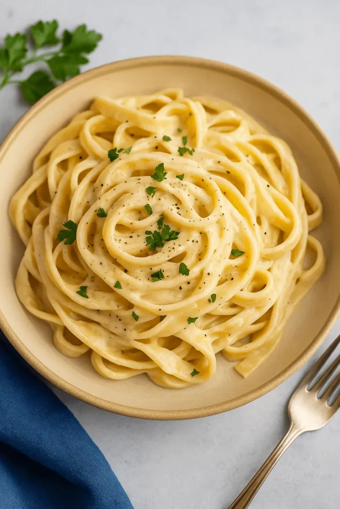 Creamy fettuccine pasta topped with chopped parsley, served on a plate with Alfredo sauce recipe