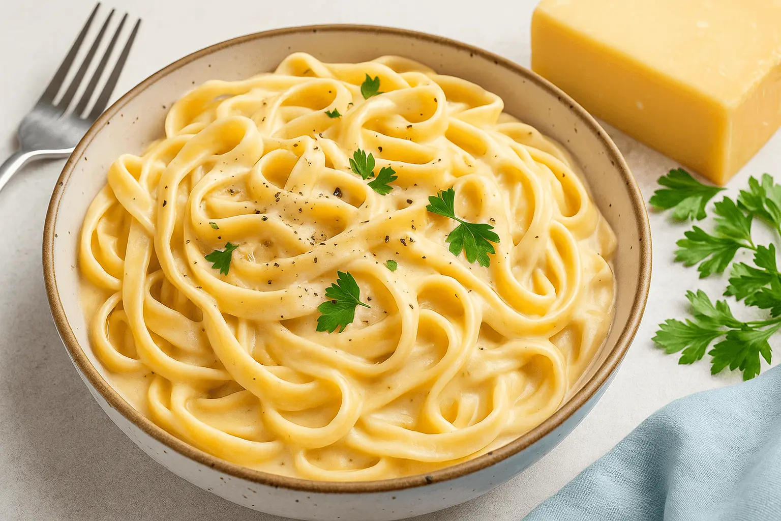 Creamy fettuccine pasta served in a bowl and topped with parsley, made using a classic Alfredo sauce recipe.