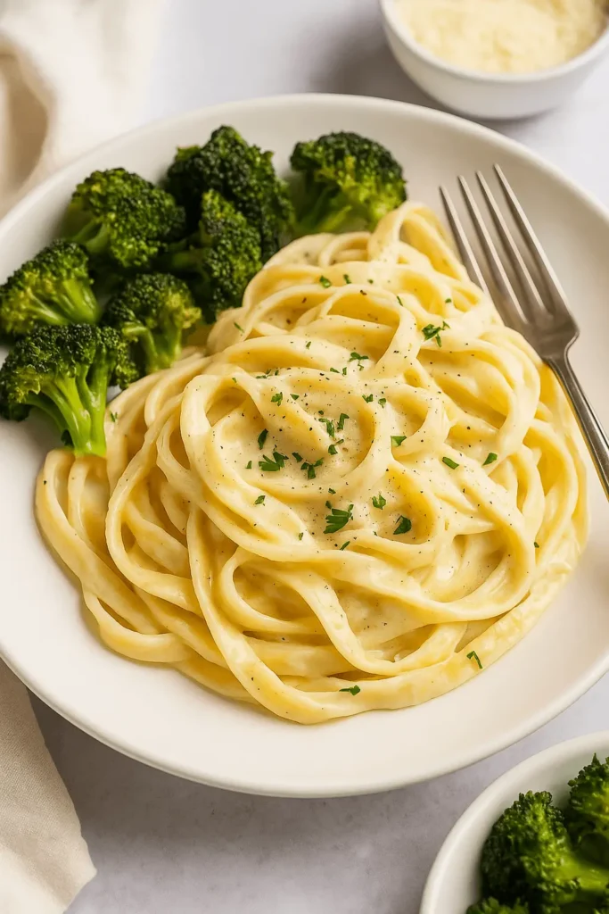 Alfredo sauce recipe served with fettuccine pasta and a side of steamed broccoli on a white plate