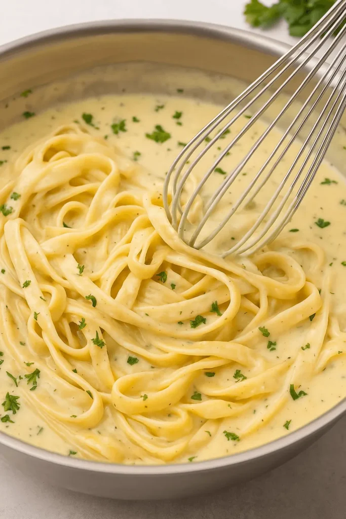 Fettuccine pasta being mixed into a creamy Alfredo sauce recipe with a whisk in a stainless steel pan