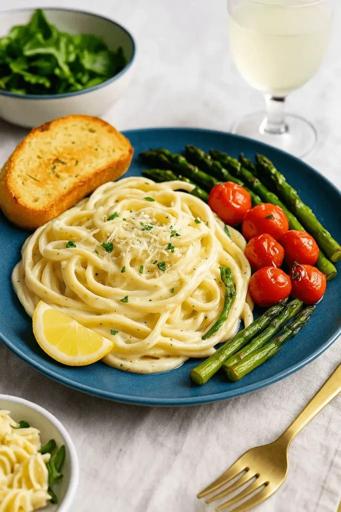 Alfredo sauce recipe served with pasta, roasted vegetables, lemon wedge, and garlic bread on a blue plate