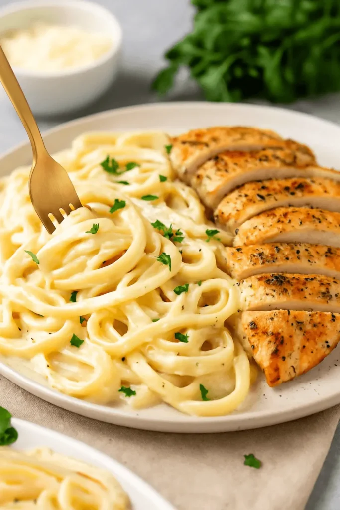 Alfredo sauce recipe with fettuccine pasta and sliced grilled chicken on a white plate