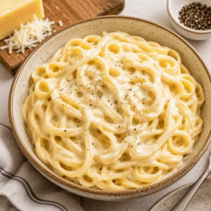 Alfredo sauce recipe with creamy fettuccine, cracked black pepper, grated cheese, and a rustic serving bowl.
