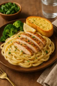 Grilled chicken served over pasta with Alfredo sauce recipe, broccoli, garlic bread, and lemon on a wooden plate